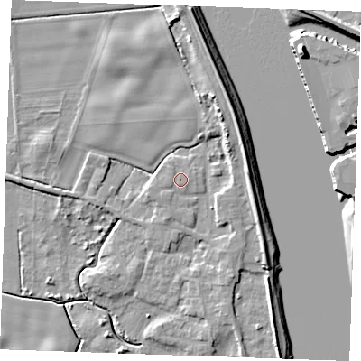 Shaded relief map of the ground around PE343LZ, computed from Environment Agency LiDAR. The ground here sits at about 4 m above sea level and falls 11 m across the surrounding 800 m. Surface water reaching this point runs off ground lying to the west-south-west, 0.6 m higher.