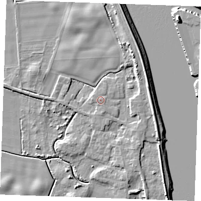 Shaded relief map of the ground around PE343NA, computed from Environment Agency LiDAR. The ground here sits at about 5 m above sea level and falls 11 m across the surrounding 800 m. Surface water reaching this point runs off ground lying to the east-north-east, 0.6 m higher.