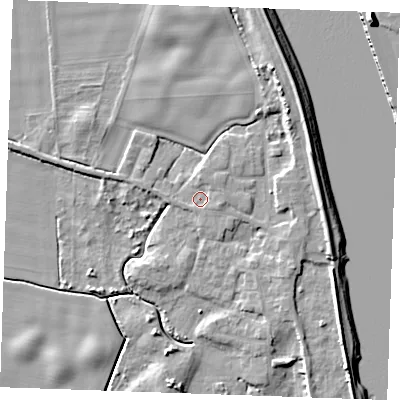 Shaded relief map of the ground around PE343NB, computed from Environment Agency LiDAR. The ground here sits at about 3 m above sea level and falls 11 m across the surrounding 800 m. Surface water reaching this point runs off ground lying to the east-south-east, 1.7 m higher.