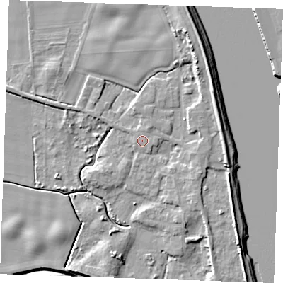 Shaded relief map of the ground around PE343ND, computed from Environment Agency LiDAR. The ground here sits at about 4 m above sea level and falls 8 m across the surrounding 800 m. Surface water reaching this point runs off ground lying to the north-north-east, 1.2 m higher.
