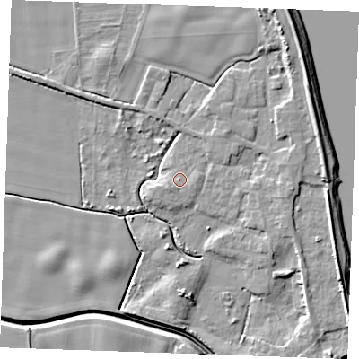 Shaded relief map of the ground around PE343NF, computed from Environment Agency LiDAR. The ground here sits at about 4 m above sea level and falls 9 m across the surrounding 800 m. Surface water reaching this point runs off ground lying to the south-west, 1.3 m higher.