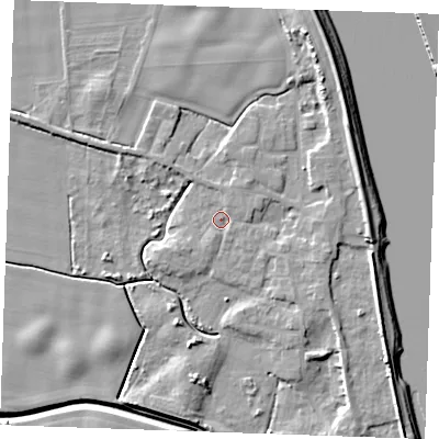 Shaded relief map of the ground around PE343NG, computed from Environment Agency LiDAR. The ground here sits at about 3 m above sea level and falls 9 m across the surrounding 800 m. Surface water reaching this point runs off ground lying to the east-south-east, 3.0 m higher.