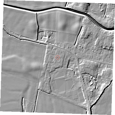 Shaded relief map of the ground around PE343NH, computed from Environment Agency LiDAR. The ground here sits at about 3 m above sea level and falls 7 m across the surrounding 800 m. The ground contributing surface water to this point lies to the south-south-west.