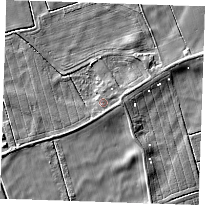 Shaded relief map of the ground around PE343NJ, computed from Environment Agency LiDAR. The ground here sits at about 1 m above sea level and falls 6 m across the surrounding 800 m. Surface water reaching this point runs off ground lying to the east, 2.5 m higher.