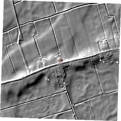 Shaded relief map of the ground around PE343NP, computed from Environment Agency LiDAR. The ground here sits at about 1 m above sea level and falls 6 m across the surrounding 800 m. Surface water reaching this point runs off ground lying to the south-south-west, 3.4 m higher.