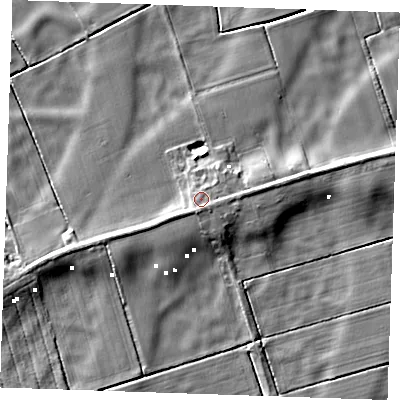 Shaded relief map of the ground around PE343NR, computed from Environment Agency LiDAR. The ground here sits at about 1 m above sea level and falls 6 m across the surrounding 800 m. Surface water reaching this point runs off ground lying to the east, 1.4 m higher.