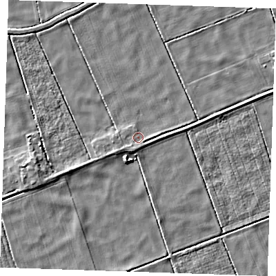 Shaded relief map of the ground around PE343NU, computed from Environment Agency LiDAR. The ground here sits at about -2 m above sea level and falls 4 m across the surrounding 800 m. Surface water reaching this point runs off ground lying to the west-south-west, 1.3 m higher.