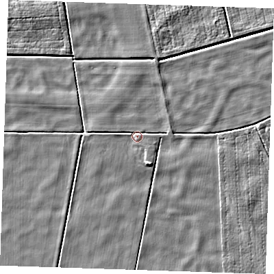 Shaded relief map of the ground around PE343NX, computed from Environment Agency LiDAR. The ground here sits at about -1 m above sea level and falls 5 m across the surrounding 800 m. Surface water reaching this point runs off ground lying to the south-south-east, 3.6 m higher.