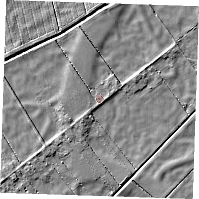Shaded relief map of the ground around PE343NY, computed from Environment Agency LiDAR. The ground here sits at about -2 m above sea level and falls 4 m across the surrounding 800 m. Surface water reaching this point runs off ground lying to the south-south-east, 3.0 m higher.