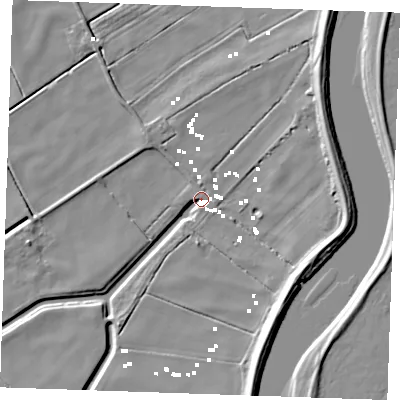 Shaded relief map of the ground around PE343NZ, computed from Environment Agency LiDAR. The ground here sits at about 0 m above sea level and falls 12 m across the surrounding 800 m. Surface water reaching this point runs off ground lying to the north, 4.8 m higher.