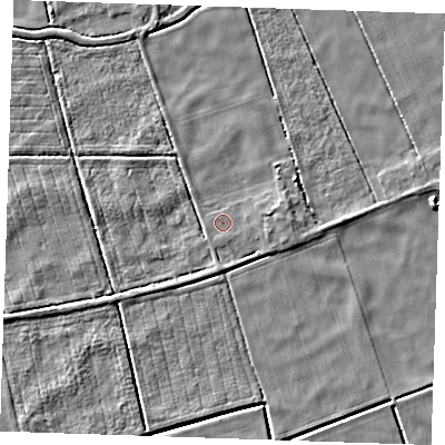 Shaded relief map of the ground around PE343PA, computed from Environment Agency LiDAR. The ground here sits at about -1 m above sea level and falls 5 m across the surrounding 800 m. Surface water reaching this point runs off ground lying to the east-north-east, 2.4 m higher.
