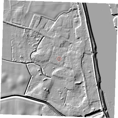 Shaded relief map of the ground around PE343PB, computed from Environment Agency LiDAR. The ground here sits at about 4 m above sea level and falls 9 m across the surrounding 800 m. Surface water reaching this point runs off ground lying to the east-north-east, 1.4 m higher.