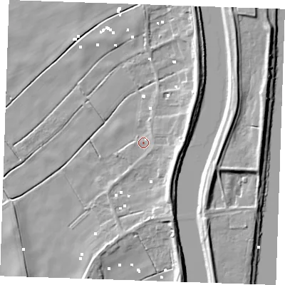 Shaded relief map of the ground around PE343PE, computed from Environment Agency LiDAR. The ground here sits at about 0 m above sea level and falls 10 m across the surrounding 800 m. Surface water reaching this point runs off ground lying to the east-south-east, 8.1 m higher.