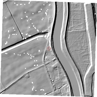 Shaded relief map of the ground around PE343PF, computed from Environment Agency LiDAR. The ground here sits at about 2 m above sea level and falls 11 m across the surrounding 800 m. Surface water reaching this point runs off ground lying to the south-east, 6.8 m higher.