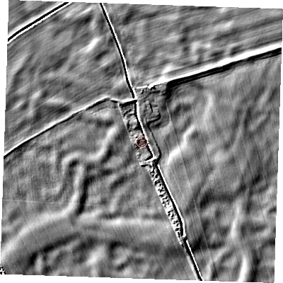 Shaded relief map of the ground around PE343PG, computed from Environment Agency LiDAR. The ground here sits at about -1 m above sea level and falls 4 m across the surrounding 800 m. Surface water reaching this point runs off ground lying to the north-north-east, 3.5 m higher.