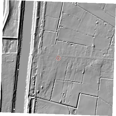 Shaded relief map of the ground around PE343PH, computed from Environment Agency LiDAR. The ground here sits at about 3 m above sea level and falls 8 m across the surrounding 800 m. Surface water reaching this point runs off ground lying to the east, 0.6 m higher.