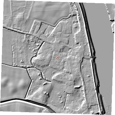 Shaded relief map of the ground around PE343PN, computed from Environment Agency LiDAR. The ground here sits at about 4 m above sea level and falls 9 m across the surrounding 800 m. The ground contributing surface water to this point lies to the west-north-west.
