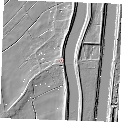 Shaded relief map of the ground around PE343PQ, computed from Environment Agency LiDAR. The ground here sits at about 5 m above sea level and falls 10 m across the surrounding 800 m. Surface water reaching this point runs off ground lying to the north-north-east, 4.4 m higher.