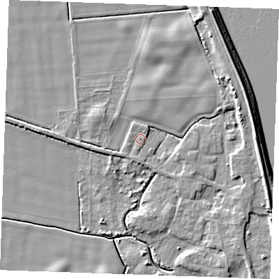 Shaded relief map of the ground around PE343QW, computed from Environment Agency LiDAR. The ground here sits at about 4 m above sea level and falls 7 m across the surrounding 800 m. Surface water reaching this point runs off ground lying to the east-north-east, 5.5 m higher.