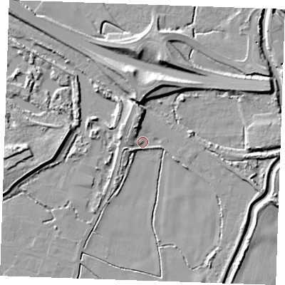 Shaded relief map of the ground around PE343RA, computed from Environment Agency LiDAR. The ground here sits at about 3 m above sea level and falls 10 m across the surrounding 800 m. Surface water reaching this point runs off ground lying to the north, 7.1 m higher.