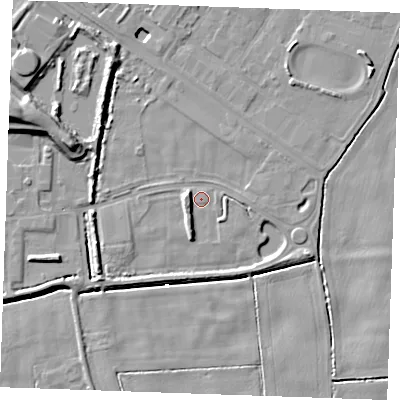 Shaded relief map of the ground around PE343RD, computed from Environment Agency LiDAR. The ground here sits at about 2 m above sea level and falls 13 m across the surrounding 800 m. Surface water reaching this point runs off ground lying to the west-south-west, 4.5 m higher.