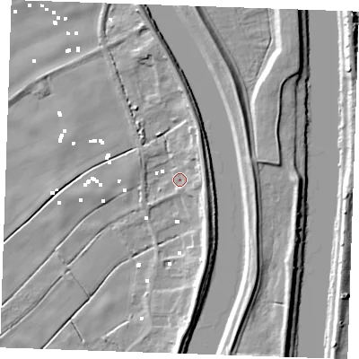 Shaded relief map of the ground around PE343SB, computed from Environment Agency LiDAR. The ground here sits at about 1 m above sea level and falls 10 m across the surrounding 800 m. Surface water reaching this point runs off ground lying to the south-east, 7.8 m higher.