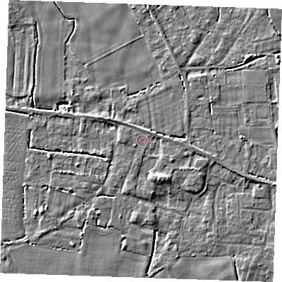 Shaded relief map of the ground around PE344AA, computed from Environment Agency LiDAR. The ground here sits at about 3 m above sea level and falls 4 m across the surrounding 800 m. Surface water reaching this point runs off ground lying to the south-south-east, 1.8 m higher.