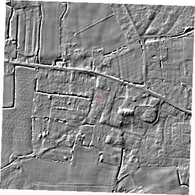 Shaded relief map of the ground around PE344AB, computed from Environment Agency LiDAR. The ground here sits at about 3 m above sea level and falls 4 m across the surrounding 800 m. Surface water reaching this point runs off ground lying to the east-south-east, 2.4 m higher.