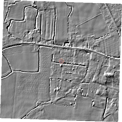 Shaded relief map of the ground around PE344AE, computed from Environment Agency LiDAR. The ground here sits at about 3 m above sea level and falls 4 m across the surrounding 800 m. Surface water reaching this point runs off ground lying to the south, 2.7 m higher.
