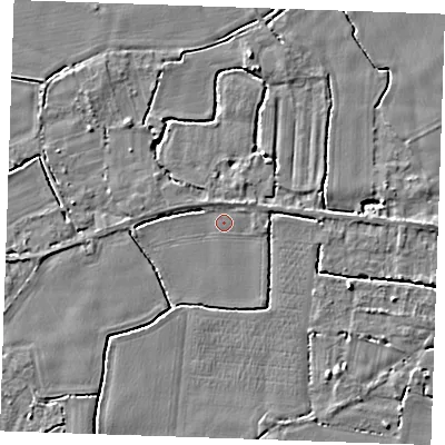 Shaded relief map of the ground around PE344AF, computed from Environment Agency LiDAR. The ground here sits at about 3 m above sea level and falls 4 m across the surrounding 800 m. Surface water reaching this point runs off ground lying to the north-east, 2.3 m higher.
