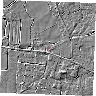Shaded relief map of the ground around PE344AH, computed from Environment Agency LiDAR. The ground here sits at about 3 m above sea level and falls 4 m across the surrounding 800 m. Surface water reaching this point runs off ground lying to the south, 1.5 m higher.
