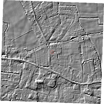 Shaded relief map of the ground around PE344AJ, computed from Environment Agency LiDAR. The ground here sits at about 3 m above sea level and falls 3 m across the surrounding 800 m. Surface water reaching this point runs off ground lying to the south-west, 0.6 m higher.