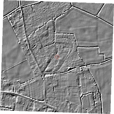 Shaded relief map of the ground around PE344AN, computed from Environment Agency LiDAR. The ground here sits at about 2 m above sea level and falls 3 m across the surrounding 800 m. Surface water reaching this point runs off ground lying to the south-east, 3.1 m higher.