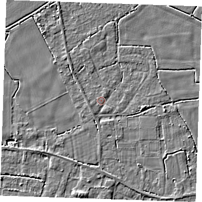Shaded relief map of the ground around PE344AP, computed from Environment Agency LiDAR. The ground here sits at about 2 m above sea level and falls 4 m across the surrounding 800 m. Surface water reaching this point runs off ground lying to the east, 3.1 m higher.