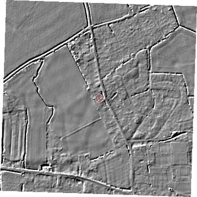 Shaded relief map of the ground around PE344AT, computed from Environment Agency LiDAR. The ground here sits at about 3 m above sea level and falls 3 m across the surrounding 800 m. Surface water reaching this point runs off ground lying to the south-south-west, 2.7 m higher.