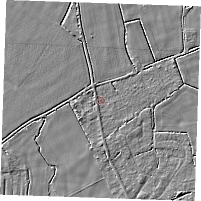 Shaded relief map of the ground around PE344AX, computed from Environment Agency LiDAR. The ground here sits at about 2 m above sea level and falls 3 m across the surrounding 800 m. Surface water reaching this point runs off ground lying to the north-west, 1.0 m higher.