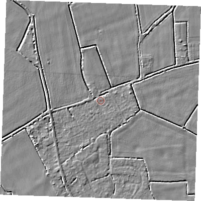 Shaded relief map of the ground around PE344AY, computed from Environment Agency LiDAR. The ground here sits at about 3 m above sea level and falls 3 m across the surrounding 800 m. Surface water reaching this point runs off ground lying to the west-south-west, 1.9 m higher.
