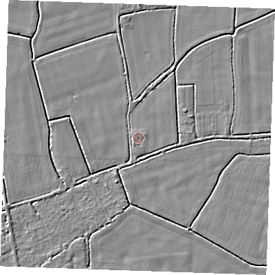 Shaded relief map of the ground around PE344AZ, computed from Environment Agency LiDAR. The ground here sits at about 2 m above sea level and falls 3 m across the surrounding 800 m. Surface water reaching this point runs off ground lying to the north, 1.5 m higher.