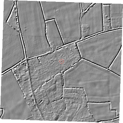 Shaded relief map of the ground around PE344BA, computed from Environment Agency LiDAR. The ground here sits at about 3 m above sea level and falls 3 m across the surrounding 800 m. The ground contributing surface water to this point lies to the north-east.