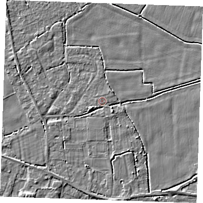 Shaded relief map of the ground around PE344BD, computed from Environment Agency LiDAR. The ground here sits at about 3 m above sea level and falls 4 m across the surrounding 800 m. Surface water reaching this point runs off ground lying to the south-east, 1.8 m higher.