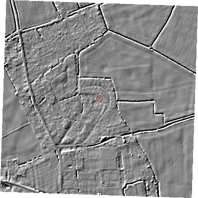 Shaded relief map of the ground around PE344BE, computed from Environment Agency LiDAR. The ground here sits at about 2 m above sea level and falls 3 m across the surrounding 800 m. Surface water reaching this point runs off ground lying to the north-west, 0.7 m higher.
