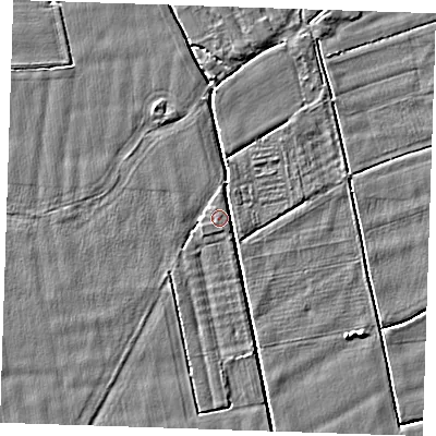 Shaded relief map of the ground around PE344BF, computed from Environment Agency LiDAR. The ground here sits at about 3 m above sea level and falls 4 m across the surrounding 800 m. Surface water reaching this point runs off ground lying to the north, 2.2 m higher.