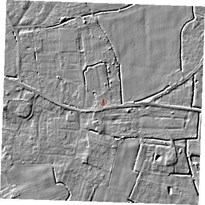 Shaded relief map of the ground around PE344BG, computed from Environment Agency LiDAR. The ground here sits at about 3 m above sea level and falls 5 m across the surrounding 800 m. Surface water reaching this point runs off ground lying to the south-south-west, 0.9 m higher.