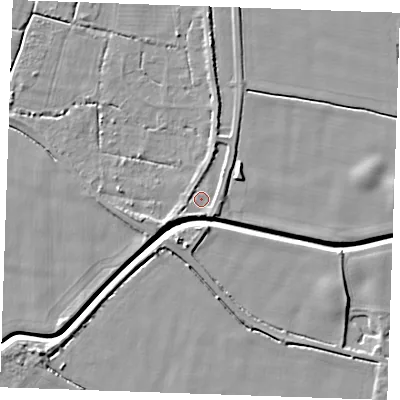 Shaded relief map of the ground around PE344BH, computed from Environment Agency LiDAR. The ground here sits at about 3 m above sea level and falls 7 m across the surrounding 800 m. Surface water reaching this point runs off ground lying to the south-east, 2.4 m higher.