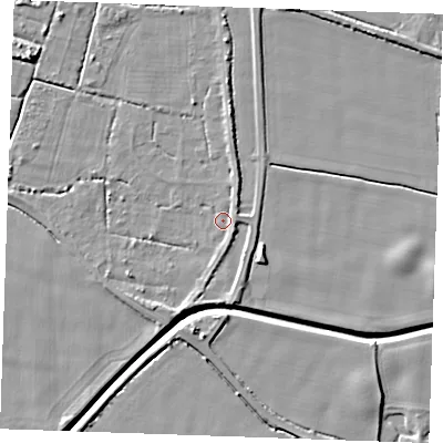 Shaded relief map of the ground around PE344BJ, computed from Environment Agency LiDAR. The ground here sits at about 3 m above sea level and falls 6 m across the surrounding 800 m. Surface water reaching this point runs off ground lying to the south-east, 2.2 m higher.