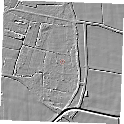 Shaded relief map of the ground around PE344BN, computed from Environment Agency LiDAR. The ground here sits at about 2 m above sea level and falls 6 m across the surrounding 800 m. Surface water reaching this point runs off ground lying to the east-north-east, 2.9 m higher.