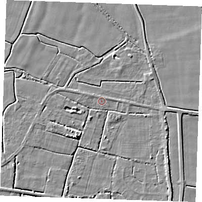Shaded relief map of the ground around PE344BP, computed from Environment Agency LiDAR. The ground here sits at about 2 m above sea level and falls 5 m across the surrounding 800 m. Surface water reaching this point runs off ground lying to the east, 2.5 m higher.