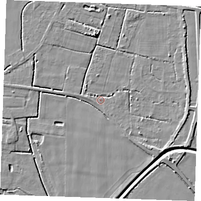 Shaded relief map of the ground around PE344BQ, computed from Environment Agency LiDAR. The ground here sits at about 2 m above sea level and falls 6 m across the surrounding 800 m. Surface water reaching this point runs off ground lying to the north-west, 2.1 m higher.