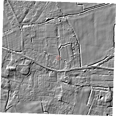 Shaded relief map of the ground around PE344BS, computed from Environment Agency LiDAR. The ground here sits at about 3 m above sea level and falls 4 m across the surrounding 800 m. Surface water reaching this point runs off ground lying to the south-south-east, 1.3 m higher.