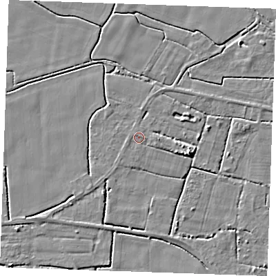 Shaded relief map of the ground around PE344BU, computed from Environment Agency LiDAR. The ground here sits at about 3 m above sea level and falls 5 m across the surrounding 800 m. Surface water reaching this point runs off ground lying to the east, 1.1 m higher.